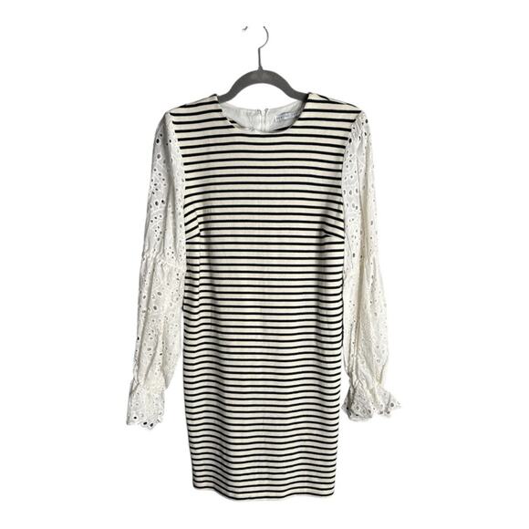 English Factory Navy Blue and White Striped Sheath Dress With Eyelet Sleeves Sm - Picture 1 of 6